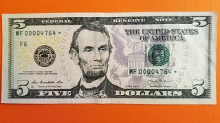 2006 $5 Dollar Bill Star Note Rare Low Serial Number Mf 00004764