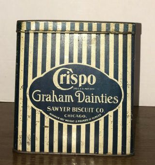 Rare Crispo Graham Dainties Sawyer Biscuit Co.  Chicago Tin 3 Lb.  Blue & White