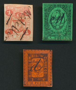 Rare Colombia Stamps 1866 1p,  5p,  10p,  Sg 48/50,  Sc 49/52,  Group Vfu