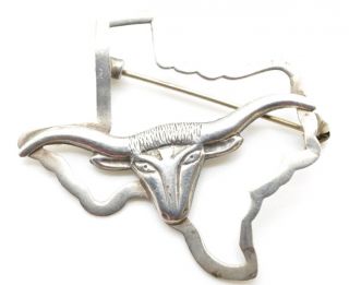 Rare Vintage Sterling Silver 925 State Of Texas Longhorn Bull Pin Brooch Large