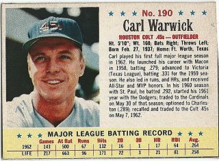 1963 Post Cereal Baseball Card Carl Warwick Houston Colt 45s 190 Rare