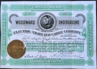 Woodward Underground Electric Light & Cable Co Stock 1893 Early Lights.  Vf,  Rare