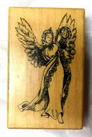 Rare Psx G - 3509 Angel Rubber Stamp Wood Mounted Angels Religious Tambourine