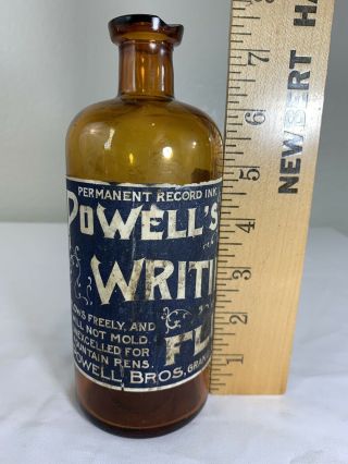 Antique Ink Bottle Powell’s Writing Fluid Amber Rare Grand Rapids Michigan 7.  5”