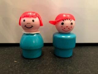 Vintage Fisher Price Little People Red Hair Girl And Red Cap Boy - Rare Twins