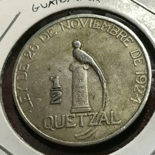 1925 Guatemala Silver 1/2 Quetzal Rare Crown Coin