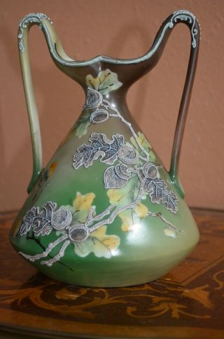 Gorgeous Rare Nippon Old Noritake 8 3/8 " Vase Moriage Acorn & Leaves Unmarked