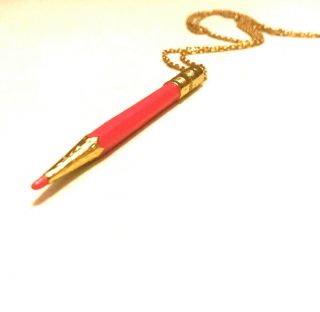 Kate Spade Rare Doodles Flo Pink Pencil Pendant Long Gold Necklace