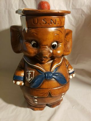 Vintage 12.  5 " Treasure Craft Usa - Elephant Cookie Jar United States Navy Rare