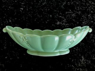 Rare Vintage Abingdon Pottery Oval Bowl Mission Green Usa W/ Marks Bow Detail