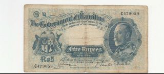5 Rupees Fine Banknote From Mauritius 1930 Pick - 20 Extra Rare Note