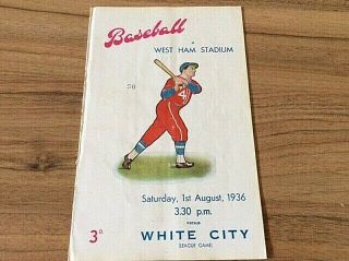 West Ham V White City Baseball Programme 1936 Very Rare Pre War