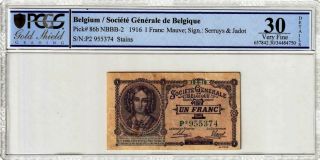 Belgium 1916 1 Franc P 86b Rare Pcgs: 30 Very Fine