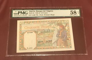 Algeria Algerie 50 Francs French Colony 1940 Pmg 58 Epq Pick 84 About Unc Rare