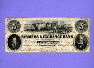 1861 $5 The Farmers & Exchange Bank Of Charleston Sc Rare Higher Grade Note