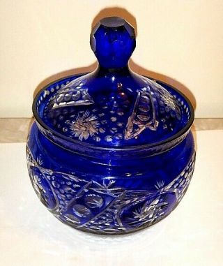 Rare Bohemian Cobalt Blue Cut To Clear Crystal Lidded Candy Jar - Vanity Dish