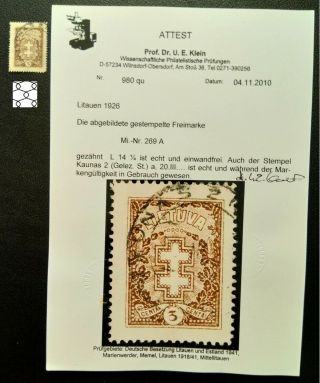 1927 Lithuania Mi 269a@dbl.  Cross 3c.  Wz.  Schlingen Perf.  Rare 14 3/4,  Attest