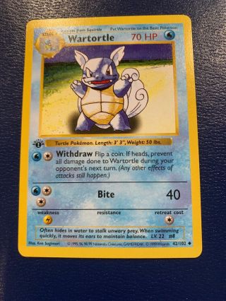 Rare Mint/nm Pokemon Wartortle 42/102 First Edition Base Set Card - Unplayed