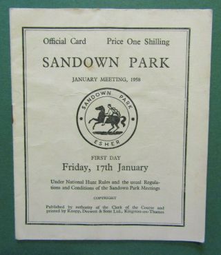 1958 Sandown Racecard - Royal Task,  Lester Piggott Wins Over Hurdles Very Rare