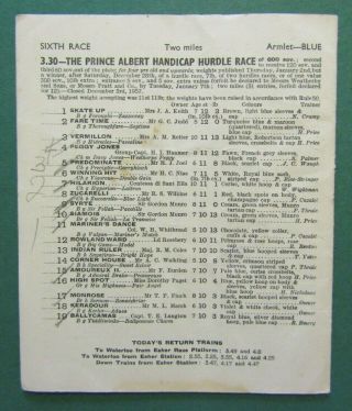 1958 Sandown Racecard - Royal Task,  Lester Piggott wins over Hurdles Very Rare 4