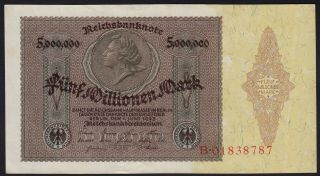 1923 5 Million Mark Germany Rare Vintage Paper Money Banknote Currency P 90 Xf