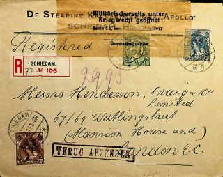 Netherlands 1919 Rare Schiedam Military Label Cover To England With Cachet