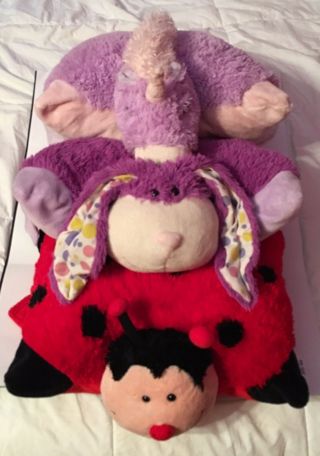 X3 Authentic Rare Pillow Pets Red Ladybug,  Purple Bunny & Purple Unicorn Plush