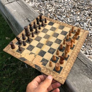 Antique 1800s Rare Turned Wood Chess Set & Leather Game Board