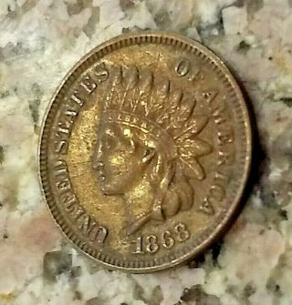 Rare 1868 Brown U.  S Indian Head Penny Clear Sharp Date Details No/res
