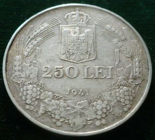 Rare Grade & 1941 Romania Mihai I 250 Lei Variant Legionary Symbol Coin