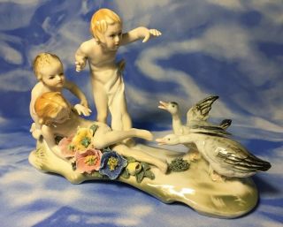 Rare Karl Ens Volkstedt Nude Children Putti & Geese Figurine Flowers Germany Evc