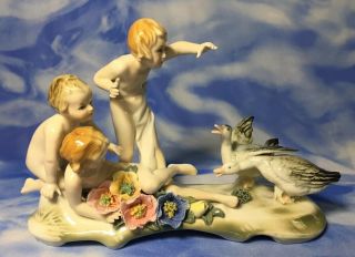 Rare Karl ENS Volkstedt Nude Children Putti & Geese Figurine Flowers Germany EVC 2