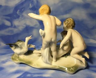 Rare Karl ENS Volkstedt Nude Children Putti & Geese Figurine Flowers Germany EVC 4