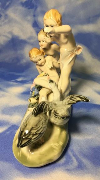 Rare Karl ENS Volkstedt Nude Children Putti & Geese Figurine Flowers Germany EVC 6