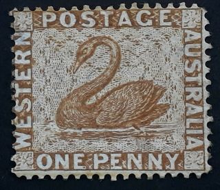 Rare 1876 - Western Australia 1d Ochre Swan Stamp P14 Wmk Crown Cc