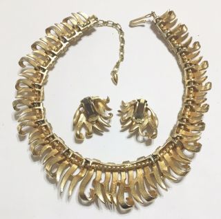 Rare Vintage Signed Boucher Costume Jewelry Gold Tone Necklace Earring Set 3