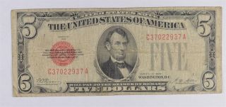 Uncommon 1928 $5.  00 Red Seal Us Note - Rare Note 566