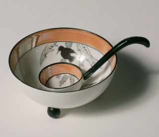 Vintage Art Deco Noritake 3 - Footed Sauce Bowl Set - Swan & Bird With Rare Spoon