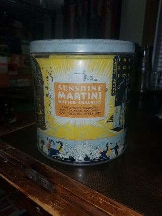 Vintage 30s Sunshine Martini Butter Crackers Advertising Tin Rare Nyc Skyline