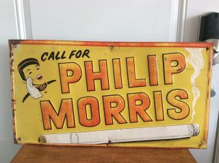 1940’s Philip Morris Tin Sign Embossed 14x27 Inch Rare Collectible Vintage