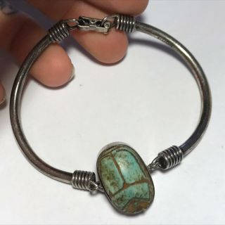 Rare Vtg Sterling Silver Egyptian Carved Scarab Fetish Bangle Bracelet