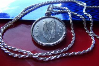 Rare 1939 Ireland Silver Scilling Pendant & Pure Italian.  925 Silver Rope Chain