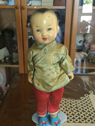 Antique/ Vintage Rare Oriental Doll Ca 1930s,  On Orig Body Orig Outfit Ht 36 Cm