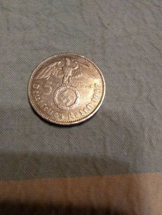 1937 German Ww2 Nazi 5 Reichsmark Swastika Silver Coin Rare Hitler Era