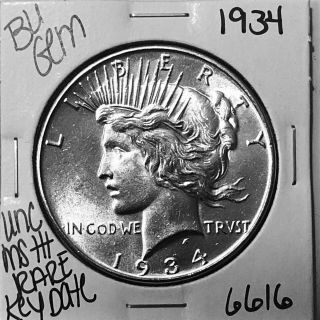 1934 Bu Gem Silver Peace Dollar Coin 6616 Rare Key Date Unc Ms,