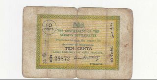 10 Cents Vg Banknote From British Strait Settlements 1917 - 21 Pick - 6c Rare