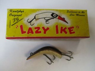 Vintage Rare Wood Kautzky Lazy Ike Lure W/ Box,  Brown & White Small