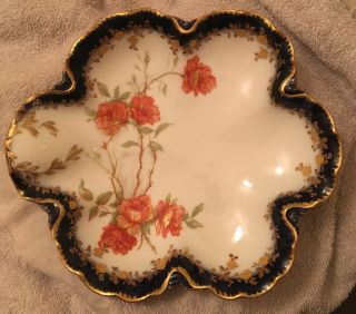 Rare Antique Haviland Limoges Cobalt Orange Roses Gilt Porcelain Shaped Dish
