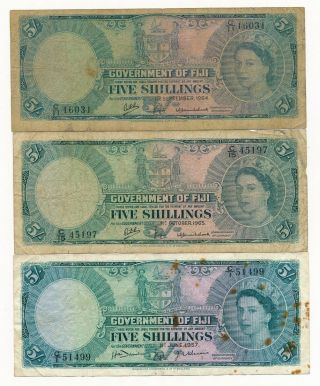 Fiji 5 Shillings Notes (3) 1957,  1964 & 1965 Qeii Rare