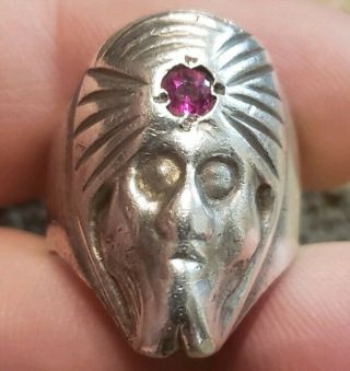 Rare Vintage Good Luck Swami With Ruby Sterling Silver Ring Size 11 Very Unique